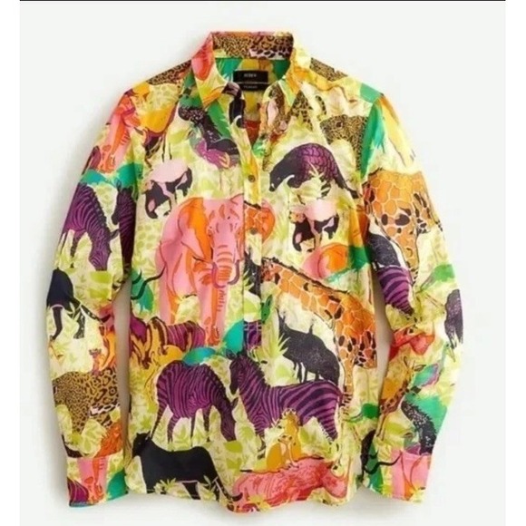 J. Crew Factory Tops - J.Crew Classic Popover Ratti‎ Safari Print Yellow Voile Cotton Shirt Sz 14 NWOT